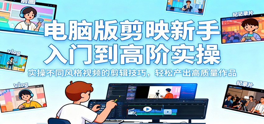 电脑版剪映新手入门到高阶实操，实操不同风格视频的剪辑技巧，轻松产出高质量作品-聚宝盆